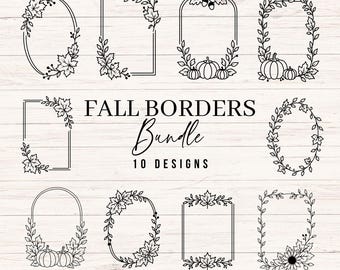May include: A collection of ten black line art fall borders featuring various shapes including ovals and rectangles decorated with maple leaves, pumpkins, acorns, and vines. The text FALL BORDERS Bundle 10 DESIGNS is centered in the middle of the image.