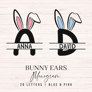 Puede incluir: Diseños de monogramas negros con orejas de conejo, con los nombres "ANNA" y "DAVID". La "A" tiene orejas internas rosas, mientras que la "D" tiene azules. También está presente el texto "BUNNY EARS Monogram" y "26 LETTERS | BLUE & PINK".