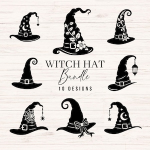 May include: A collection of eight black witch hat silhouettes featuring various decorative elements like stars, moons, floral patterns, a spider web, a lantern, and bows, with the text WITCH HAT Bundle 10 DESIGNS centered in the middle.