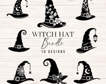 May include: A collection of eight black witch hat silhouettes featuring various decorative elements like stars, moons, floral patterns, a spider web, a lantern, and bows, with the text WITCH HAT Bundle 10 DESIGNS centered in the middle.