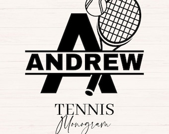 May include: Black and white tennis monogram design featuring the name "Andrew" within a large letter "A". A tennis ball and racket are above the letter. The words "Tennis Monogram" and "26 Letters" are below the name.