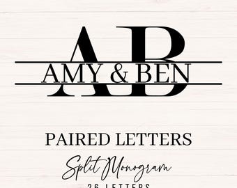 Delat monogram SVG PNG DXF, parbokstäver svg, parnamnsmonogram, delad bokstavsdesign, bröllopsnamnskylt, monogramalfabet svg