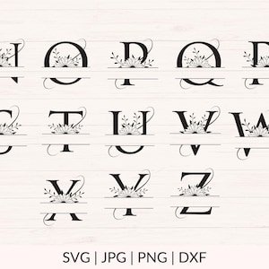 May include: A set of 26 black and white split monogram letters with floral accents. Each letter is separated by a horizontal line. The letters are in alphabetical order from A to Z. SVG, JPG, PNG, and DXF file formats are listed below the letters.