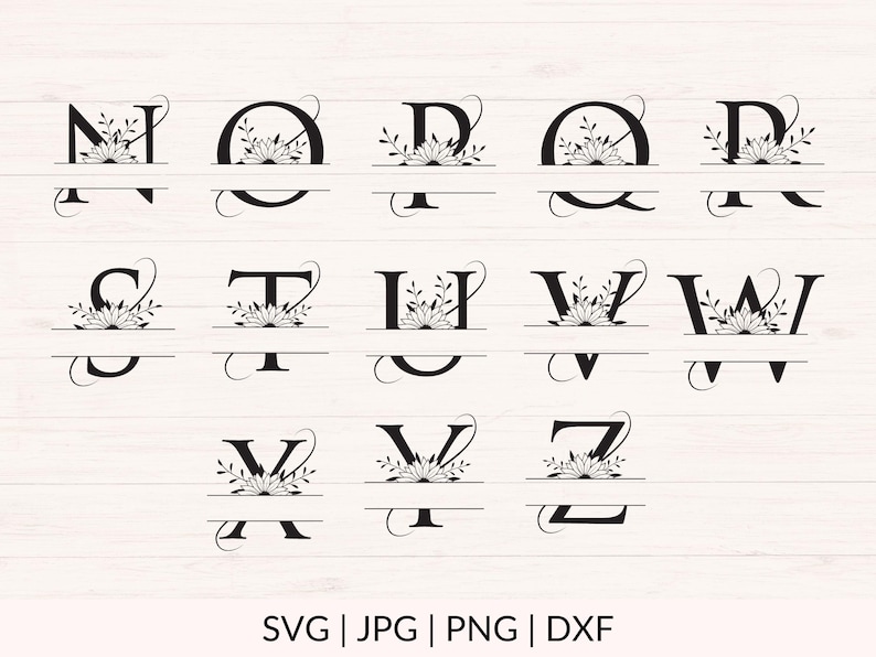 May include: A set of 26 black and white split monogram letters with floral accents. Each letter is separated by a horizontal line. The letters are in alphabetical order from A to Z. SVG, JPG, PNG, and DXF file formats are listed below the letters.