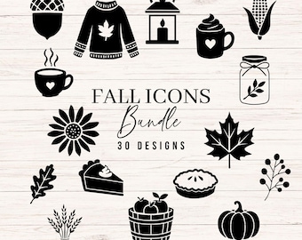 May include: A collection of black silhouette icons featuring fall-themed imagery including an acorn, sweater, lantern, mug, corn, jar, sunflower, maple leaf, pie slice, whole pie, berries, wheat, apple basket, and pumpkin with the text FALL ICONS Bundle 30 DESIGNS.