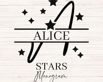 May include: Black monogram design with the name "ALICE" and the letter "A" in a stylized font, surrounded by stars. The words "STARS Monogram" and "26 LETTERS" are also included.