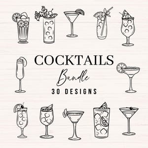Könnte beinhalten: Schwarz-Weiß-Strichzeichnungen verschiedener Cocktails, darunter Martinis und Highballs, mit Fruchtgarnituren. Der Text "COCKTAILS Bundle 30 DESIGNS" ist in der Mitte des Bildes über und unter dem Wort "Bundle" zu sehen.