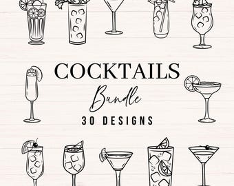 May include: Black and white line art of various cocktails, including martinis, highballs, and margaritas, with fruit garnishes. The text "COCKTAILS Bundle 30 DESIGNS" is displayed in the center of the image, above and below the word "Bundle".