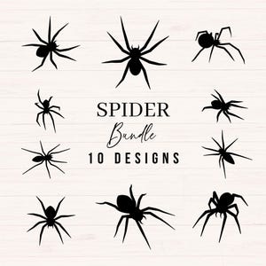 Puede incluir: Una colección de diez diseños de arañas negras sobre un fondo de vetas de madera clara. El texto "SPIDER Bundle 10 DESIGNS" se muestra en el centro. Las arañas varían en tamaño y pose, con patas largas y delgadas.