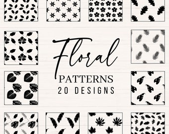 Op de afbeelding: Een set van 20 zwart-witte bloemenpatronen. De patronen bevatten verschillende bloemendesigns, waaronder bladeren, bloemen en takken. De tekst "Floral Patterns 20 Designs" wordt in het midden van de afbeelding weergegeven.