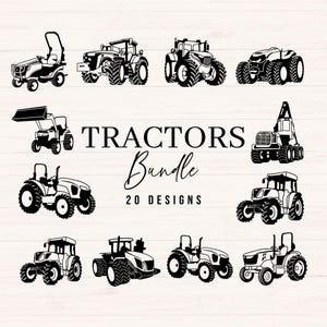 Puede incluir: Ilustraciones en blanco y negro de varios tractores. La imagen incluye una cortadora de césped, tractores agrícolas y tractores de construcción. También se incluye el texto "Tractors Bundle" y "20 Designs".