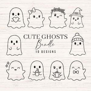Könnte beinhalten: Eine digitale Sammlung von zehn schwarz-weißen Strichzeichnungen verschiedener Geister. Der zentrale Text lautet CUTE GHOSTS Bundle 10 DESIGNS. Die Geister sind mit verschiedenen Accessoires dargestellt, darunter ein Herz, eine Schleife, ein Blumenkranz, ein Hexenhut, eine Wintermütze, ein Kaffeebecher, ein Kürbis und eine Fliege.