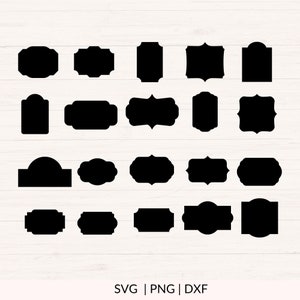 May include: A set of 24 black and white SVG, PNG, and DXF digital files featuring various frame shapes. The frames are perfect for creating labels, tags, and other craft projects.