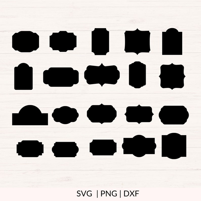 May include: A set of 24 black and white SVG, PNG, and DXF digital files featuring various frame shapes. The frames are perfect for creating labels, tags, and other craft projects.