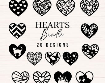 May include: A collection of 20 heart designs in black, each with a unique pattern. The designs include floral, geometric, and silhouette styles. The text "HEARTS Bundle 20 DESIGNS" is displayed in the center.