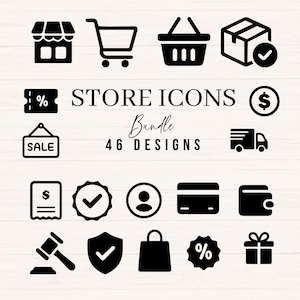 May include: A collection of black digital icons featuring a storefront, shopping cart, basket, package, coupon, dollar sign, sale sign, delivery truck, receipt, checkmark, user, card, wallet, gavel, shield, bag, percentage, and gift box with text STORE ICONS Bundle 46 DESIGNS.