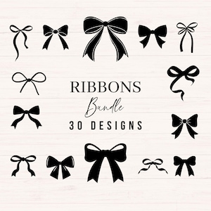 May include: A selection of 30 black ribbon designs, featuring diverse bow styles, from simple knots to bows with flowing tails. The image includes the text "Ribbons Bundle" and "30 Designs" in an elegant font, suitable for crafting.