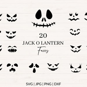May include: Twenty black and white Jack-O-Lantern face designs. The faces are various expressions, including smiling, frowning, and surprised. The text "20 Jack O Lantern Faces" is in the center of the image.