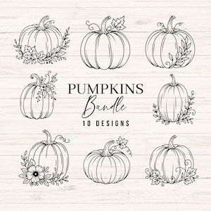 May include: A digital collection of eight black and white line art pumpkin illustrations arranged in a grid. The center text reads PUMPKINS Bundle 10 DESIGNS. Each pumpkin features unique botanical accents like leaves, vines, and flowers.