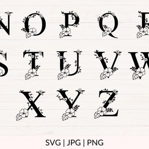 May include: A set of black floral alphabet letters from N to Z. Each letter is decorated with a floral design, including leaves and flowers.