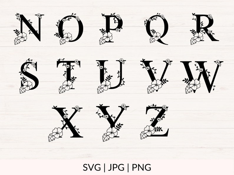May include: A set of black floral alphabet letters from N to Z. Each letter is decorated with a floral design, including leaves and flowers.