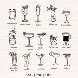 May include: Line art illustration of various cocktails, including Amaretto Sour, Aperol Spritz, Bellini, Bloody Mary, Cosmopolitan, Cuba Libre, Daiquiri, Gimlet, Gin and Tonic, Irish Coffee, Long Island Iced Tea, Mai Tai, Manhattan, Margarita, and Martini.