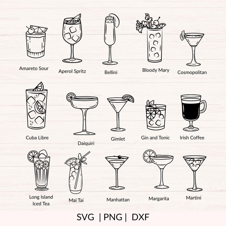 May include: Line art illustration of various cocktails, including Amaretto Sour, Aperol Spritz, Bellini, Bloody Mary, Cosmopolitan, Cuba Libre, Daiquiri, Gimlet, Gin and Tonic, Irish Coffee, Long Island Iced Tea, Mai Tai, Manhattan, Margarita, and Martini.