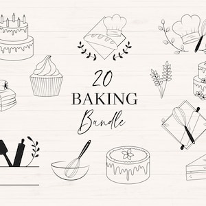Hornear svg / Incluye png, jpg y svg / Arte de línea de panadería, El paquete incluye pastel, magdalena, letrero de cocina, nombre dividido de panadería, Uso comercial
