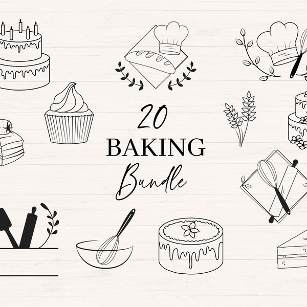 Baking svg | Includes png, jpg and svg | Bakery line art, Bundle includes cake, cupcake,  kitchen sign, bakery split name, Commercial use
