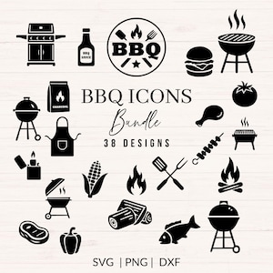 May include: A collection of black BBQ icons featuring grills, food items like burgers, corn, steak, fish, and vegetables, cooking tools, and flames. The text reads BBQ ICONS Bundle 38 DESIGNS SVG | PNG | DXF. These graphic elements are arranged on a light background.