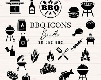 May include: A collection of black BBQ icons featuring grills, food items like burgers, corn, steak, fish, and vegetables, cooking tools, and flames. The text reads BBQ ICONS Bundle 38 DESIGNS SVG | PNG | DXF. These graphic elements are arranged on a light background.