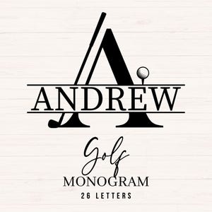 May include: Black golf monogram design featuring the name "ANDREW" with a golf club and ball incorporated into the letter "A". The word "Golf" is written in cursive below, with "MONOGRAM" and "26 LETTERS" below that.