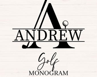 May include: Black golf monogram design featuring the name "ANDREW" with a golf club and ball incorporated into the letter "A". The word "Golf" is written in cursive below, with "MONOGRAM" and "26 LETTERS" below that.