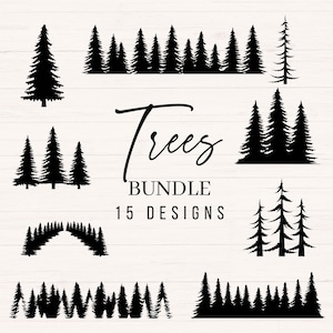 Pacchetto di alberi svg, Alberi di pino svg, png, dxf, Alberi della foresta, Albero di montagna svg, Pacchetto di clipart della foresta, Silhouette di albero svg, Uso commerciale