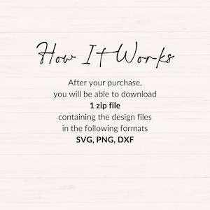 May include: How It Works text with instructions on how to download a zip file containing design files in SVG, PNG, and DXF formats.