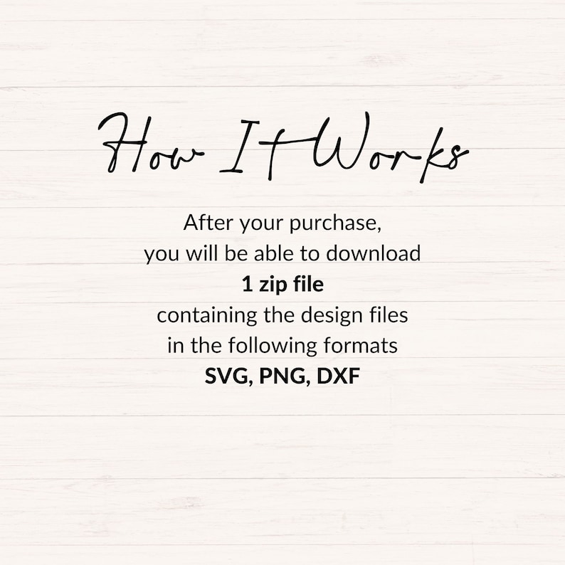 May include: How It Works text with instructions on how to download a zip file containing design files in SVG, PNG, and DXF formats.