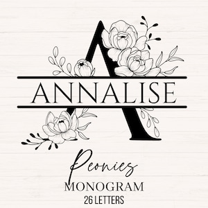Monograma de peonías (SVG), alfabeto de peonías, letras de peonías, monograma de flores (SVG), alfabeto de flores, monograma de flor de peonía, archivo de corte comercial