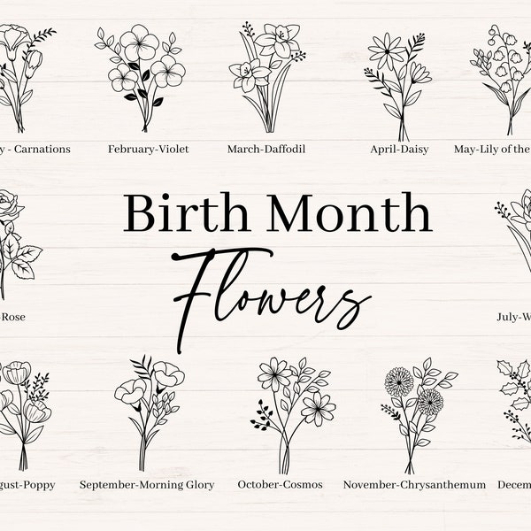 Fleurs du mois de naissance svg, jpg, png, dxf, svg bouquet de fleurs du mois de naissance, bouquet de fleurs sauvages, anniversaire de fleurs svg