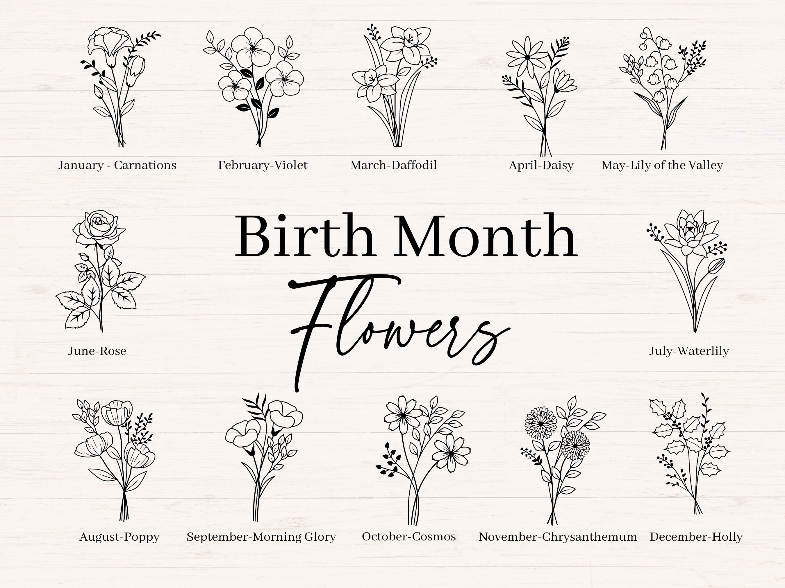 Birth Month Flowers Svg Jpg Png Dxf Birth Month Flower - Etsy Canada