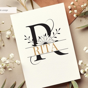 May include: A black and white floral monogram with the letter "R" and the name "RITA" in gold lettering.