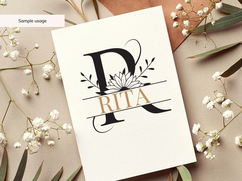 May include: A black and white floral monogram with the letter "R" and the name "RITA" in gold lettering.