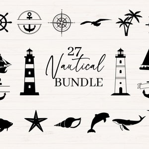 Pacchetto Nautico in formato SVG, JPG, PNG, SVG Marittimo, Ancora, Faro, Balena, Nave, Bussola, Timone, Pesce, Conchiglia in formato SVG per uso commerciale