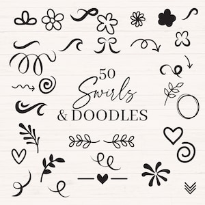 Op de afbeelding: Een verzameling van 50 zwarte en witte swirls en doodles. De doodles omvatten harten, bloemen, bladeren, swirls en andere abstracte vormen.