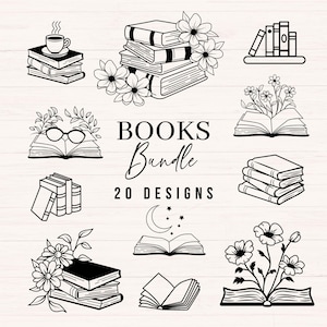 Op de afbeelding: Een zwart-wit illustratie van een boekenbundel met 20 ontwerpen. De ontwerpen omvatten stapels boeken, open boeken met bloemen, brillen en een maan. Sommige ontwerpen hebben een kopje koffie bovenop de boeken.
