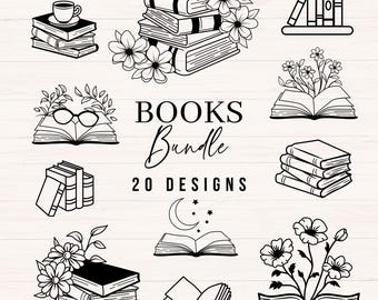 Books SVG Bundle, Book Lover Clipart svg, png, dxf, Books with Flowers & Coffee svg, Floral Book Art svg, Bookish Cut Files
