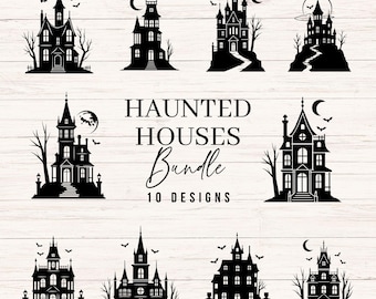 May include: A digital collection of ten black silhouette illustrations of haunted houses, featuring various architectural styles with spires, windows, and bare trees. The central text reads HAUNTED HOUSES Bundle 10 DESIGNS, set against a light wood grain background.