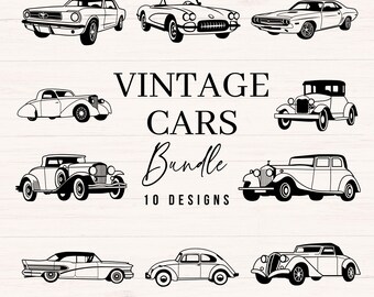 May include: A set of 10 vintage car illustrations in black and white. The illustrations feature a variety of classic car styles, including a convertible, a sedan, and a coupe. The text "Vintage Cars Bundle 10 Designs" is displayed below the illustrations.