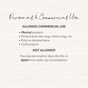May include: Text on a white background with a wood grain texture. The text reads "Personal & Commercial Use" and lists allowed and not allowed commercial uses for the product. Allowed uses include physical products, printed items, print on demand items, and craft projects. Not allowed uses include reselling or sharing the file in digital form.