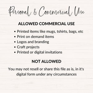 May include: A white background with black text detailing the allowed and not allowed uses of a digital file. Allowed uses include printed items, print-on-demand, logos, branding, craft projects, and invitations.
