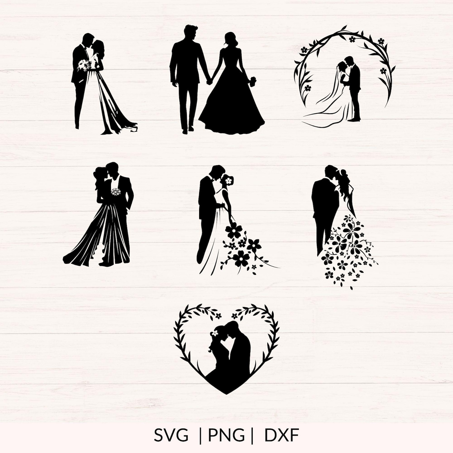 Bride and Groom SVG Bundle | 15 Hand Drawn Wedding Couple Silhouettes ...